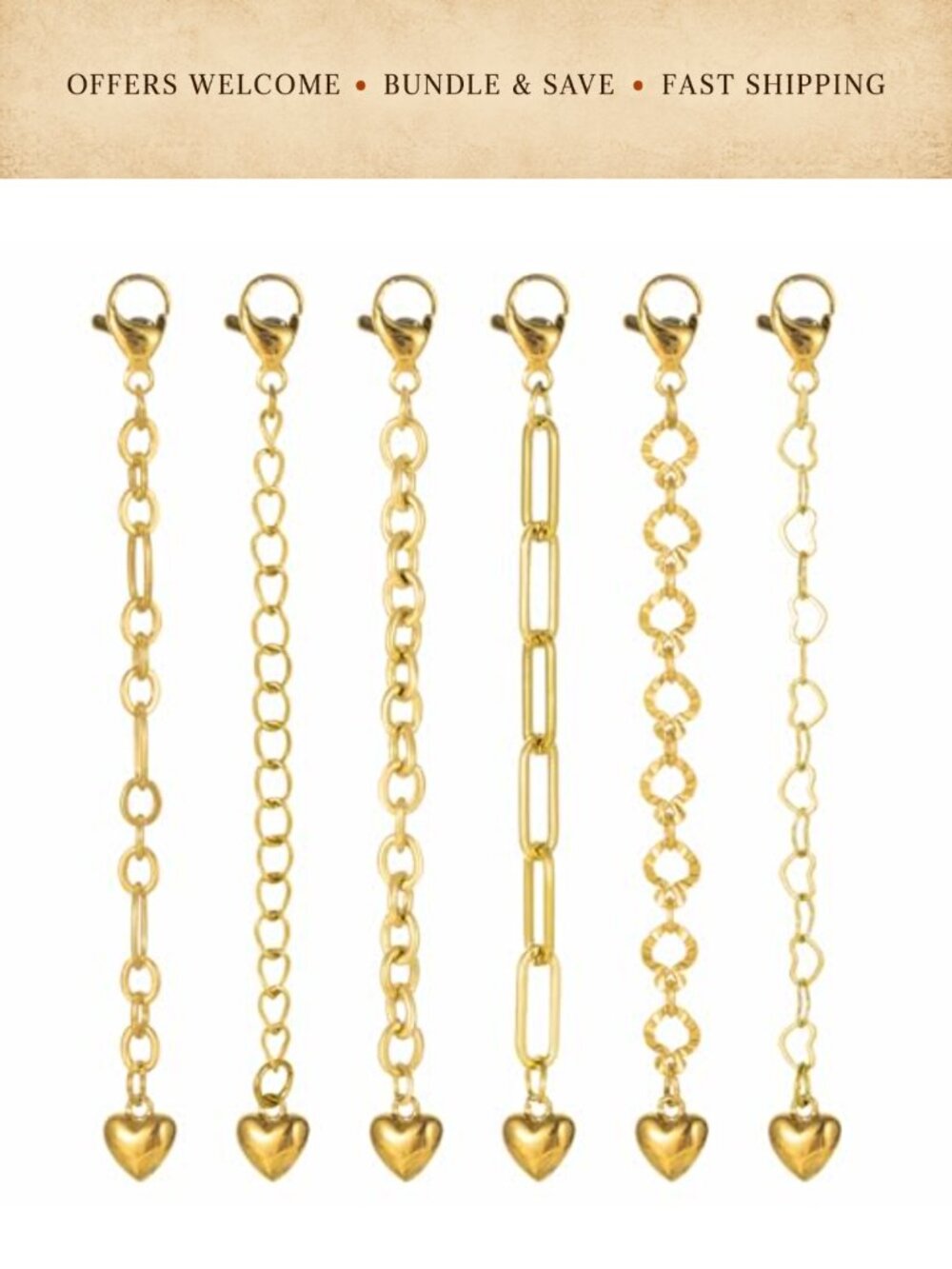 6 Pcs 18K Gold-Plated Necklace Extenders with Heart Charms